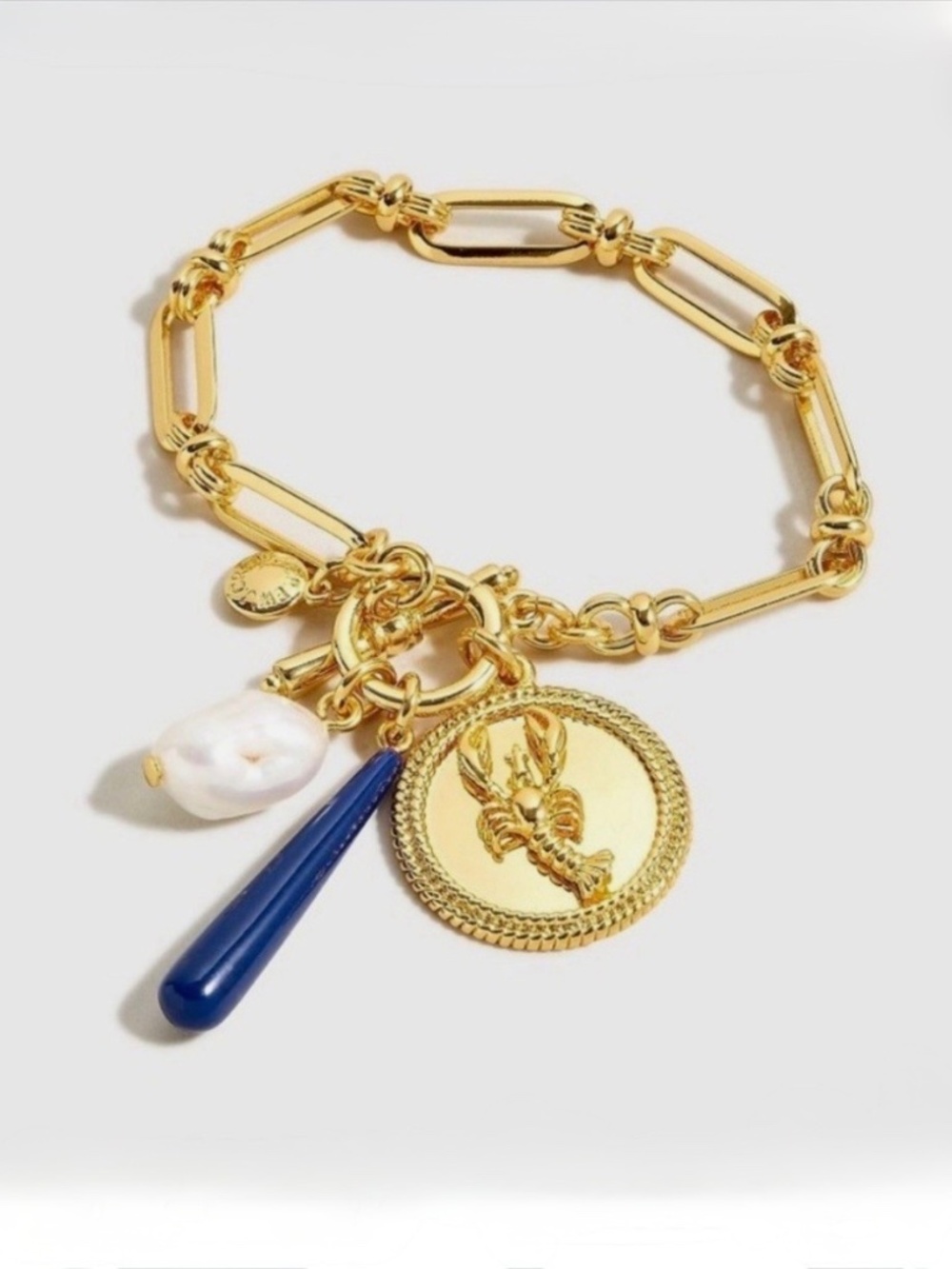 J.Crew Gold Lobster Charm Bracelet Freshwater Pearl NWT Coastal